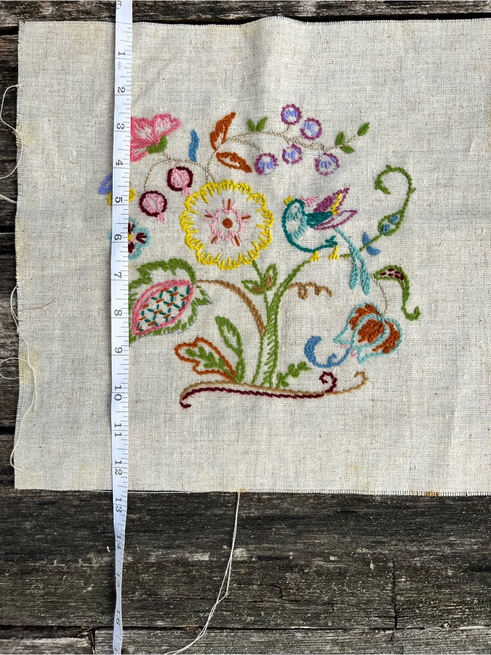 Vintage Finished Crewel Embroidery Fabric Square Bird & Floral Design (Unframed)